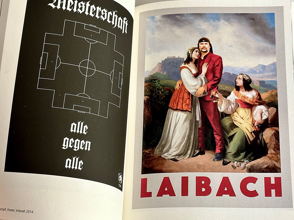 Left page: Meisterschaft, Poster, InfanaK 2014. Right page: Farewell Laibach, Poster, Haris Hararis 2018
